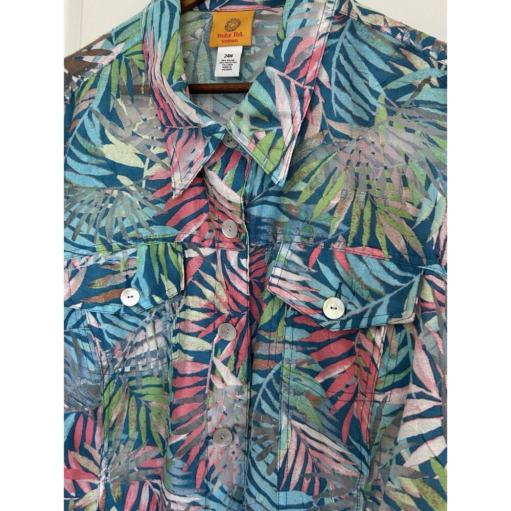 Ruby Rd Womens 24W Plus Size Sheer Tropical Leaf Print Button Up Shirt Colorful - Picture 3 of 10